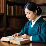 A serene, professional woman in a modest, traditional-inspired dress, sitting quietly in a vintage, wood-paneled library, surrounded by shelves of old books. She holds an antique-looking book, her gaze reflective, embodying the deep historical narratives of Korean literature. The atmosphere is calm and contemplative with soft, natural light filtering through a window. fully clothed, appropriate attire, safe for work, perfect anatomy, correct proportions, natural pose, well-formed hands, proper finger count, natural body proportions, professional photography, high quality, professional, modest, family-friendly.