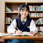 Study Session**

A cheerful Japanese student, fully clothed in a modest school uniform, is sitting at a desk piled high with Japanese textbooks and manga. She's smiling and looking directly at the viewer. The background is a cozy, well-lit study room with bookshelves and posters of Japanese landscapes. Perfect anatomy, correct proportions, natural pose, well-formed hands, proper finger count, professional lighting, family-friendly, appropriate content, safe for work.

**