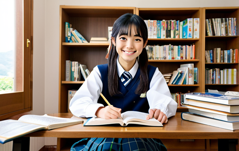 Study Session**

A cheerful Japanese student, fully clothed in a modest school uniform, is sitting at a desk piled high with Japanese textbooks and manga. She's smiling and looking directly at the viewer. The background is a cozy, well-lit study room with bookshelves and posters of Japanese landscapes. Perfect anatomy, correct proportions, natural pose, well-formed hands, proper finger count, professional lighting, family-friendly, appropriate content, safe for work.

**