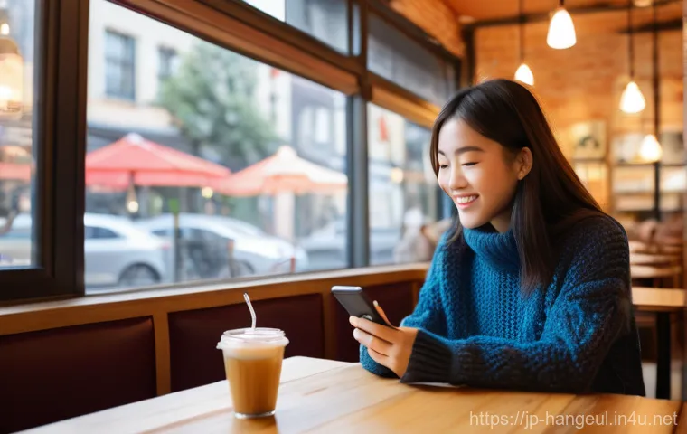 한글을 활용한 교육 콘텐츠 - A cheerful young woman in her late teens or early twenties, sitting comfortably at a modern cafe tab...