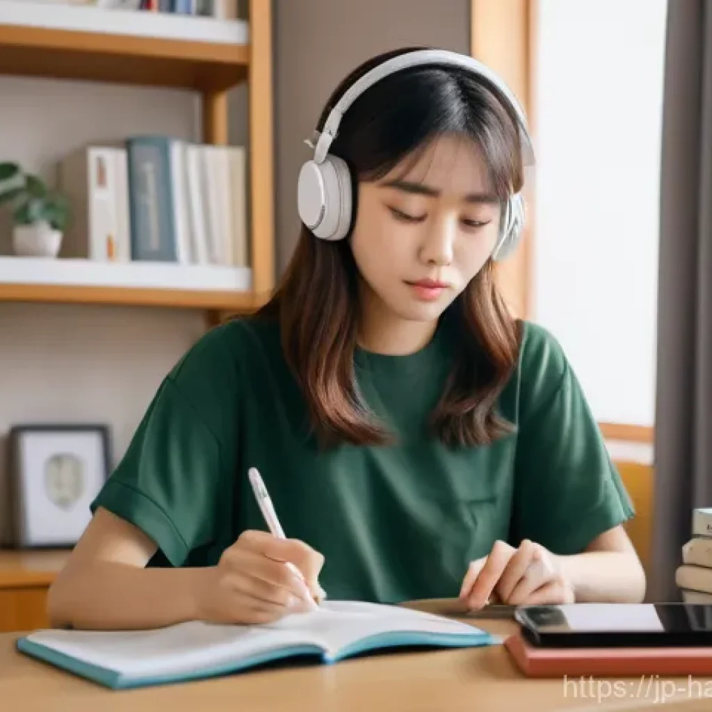 한글과 중국어 병음 비교 - **"A young Japanese woman, in her early twenties, is practicing Korean pronunciation in her cozy, br...