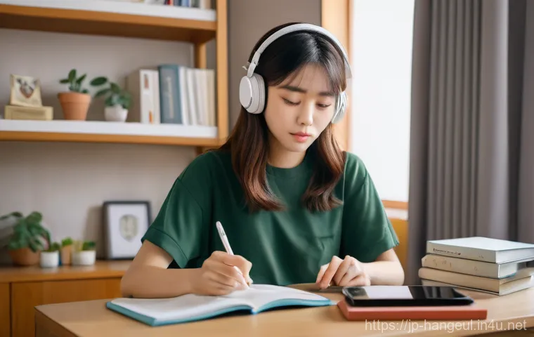 한글과 중국어 병음 비교 - **"A young Japanese woman, in her early twenties, is practicing Korean pronunciation in her cozy, br...