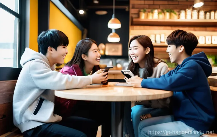 한글과 국제 교류 협력 - A dynamic and professional scene depicting a diverse group of four young professionals, approximatel...