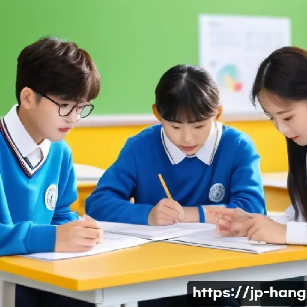 한글과 중고등학교 교육 - A modern South Korean classroom scene featuring diverse students collaborating on a hands-on project...