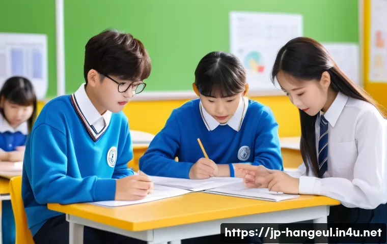 한글과 중고등학교 교육 - A modern South Korean classroom scene featuring diverse students collaborating on a hands-on project...