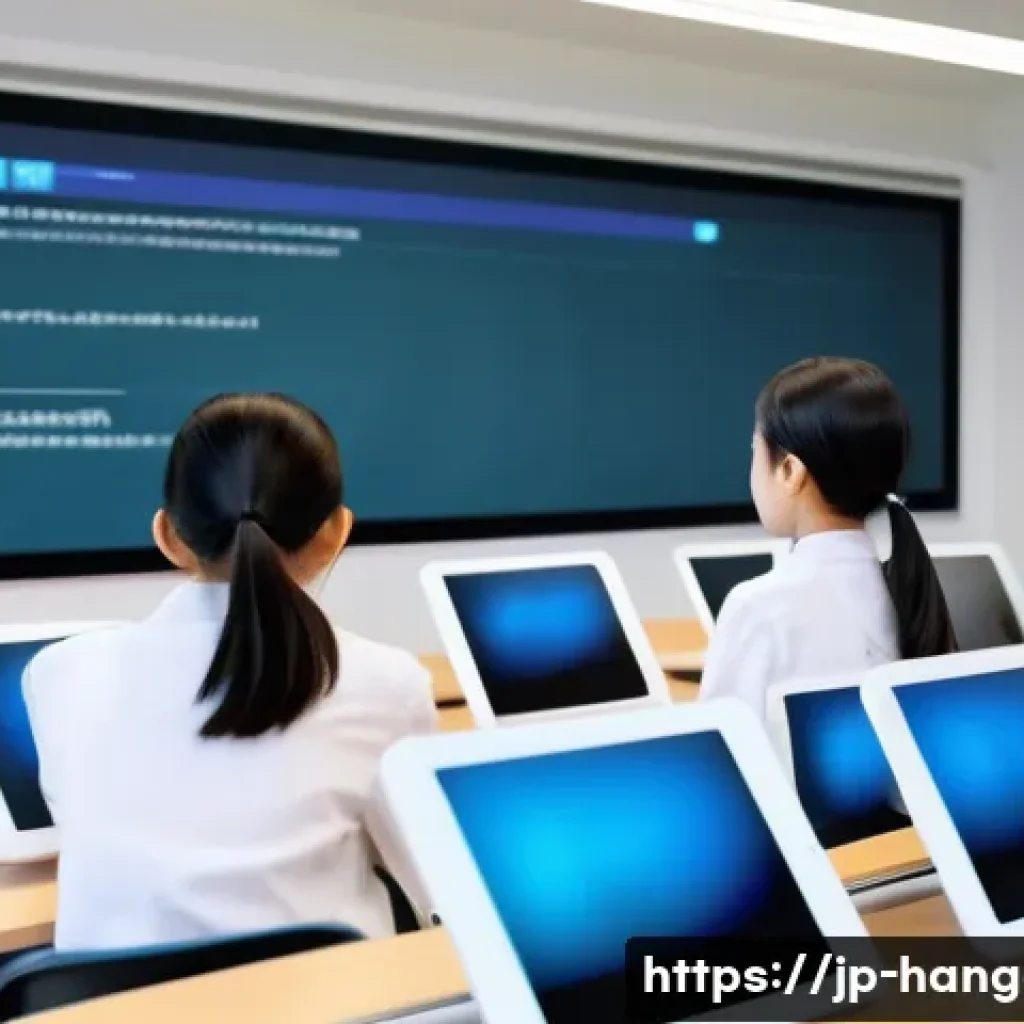 한글과 머신러닝 - A futuristic classroom scene where a diverse group of Japanese-speaking students use advanced Korean...