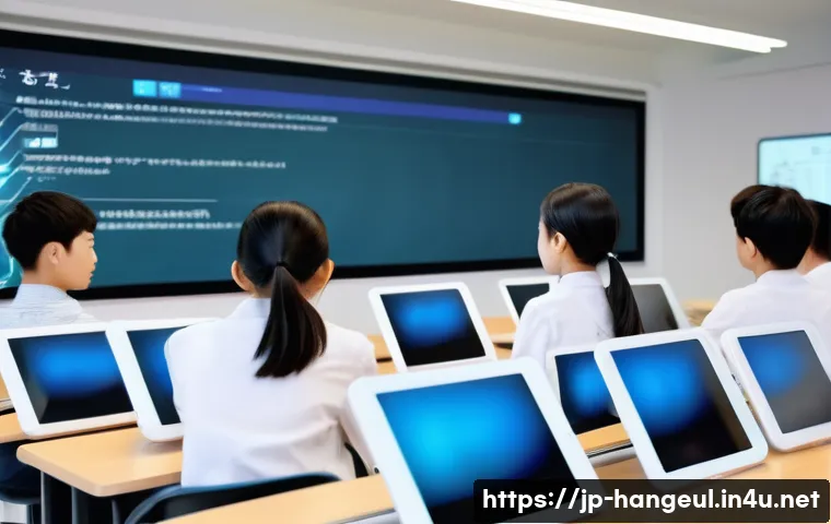 한글과 머신러닝 - A futuristic classroom scene where a diverse group of Japanese-speaking students use advanced Korean...