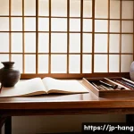 한글 서예 작품 감상 - A serene traditional Korean scholar&rsquo;s study room from the Joseon era, featuring antique wooden furni...