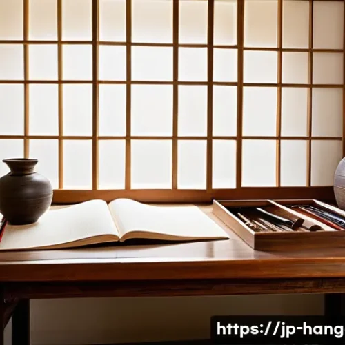 한글 서예 작품 감상 - A serene traditional Korean scholar&rsquo;s study room from the Joseon era, featuring antique wooden furni...
