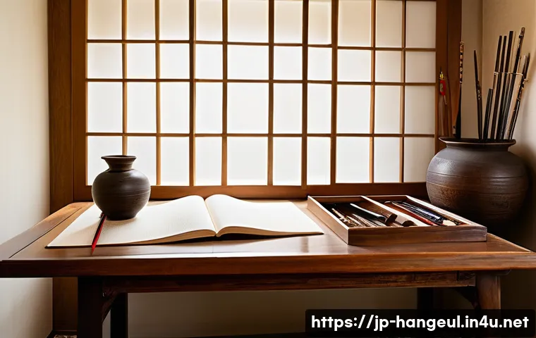 한글 서예 작품 감상 - A serene traditional Korean scholar&rsquo;s study room from the Joseon era, featuring antique wooden furni...