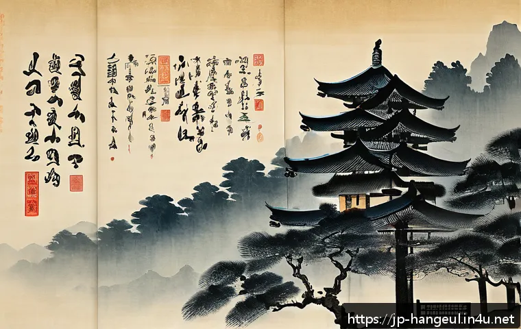 한글 서체의 발전사 - A traditional Korean calligraphy scene featuring an elegant brush and ink set on textured hanji pape...