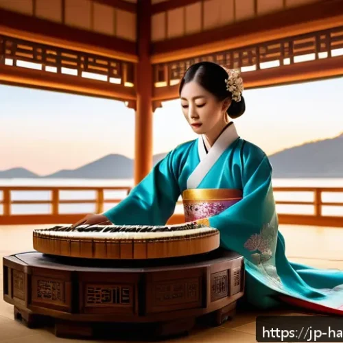 한글과 한국 전통 음악 - A vibrant traditional Korean music performance scene featuring a female musician playing the gayageu...