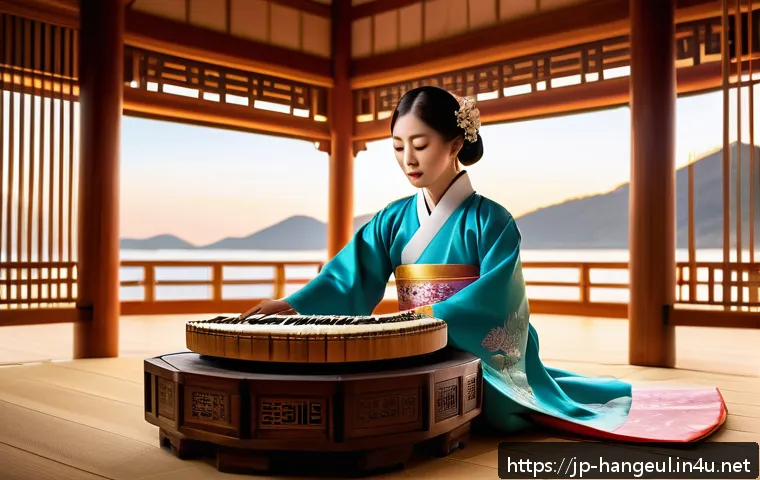 한글과 한국 전통 음악 - A vibrant traditional Korean music performance scene featuring a female musician playing the gayageu...