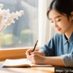 한글 글쓰기 연습법 - A cozy, modern study room scene featuring a young Japanese woman sitting at a wooden desk, writing a...