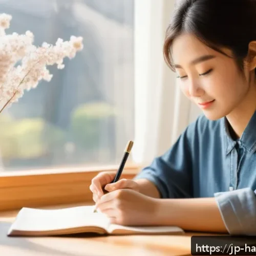 한글 글쓰기 연습법 - A cozy, modern study room scene featuring a young Japanese woman sitting at a wooden desk, writing a...