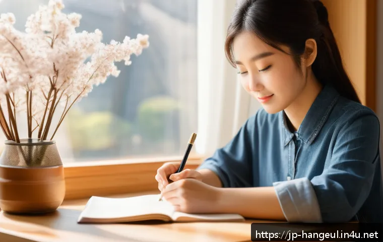 한글 글쓰기 연습법 - A cozy, modern study room scene featuring a young Japanese woman sitting at a wooden desk, writing a...