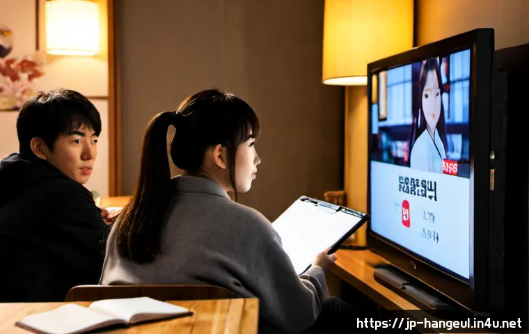 한글과 한국 드라마 자막 - Photorealistic cozy evening scene of a Japanese viewer studying Hangul while watching a Korean drama...