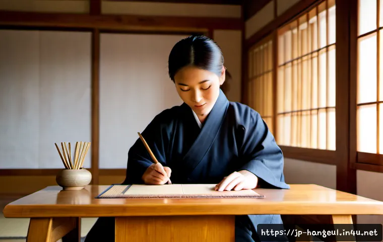 한글 서예의 역사 - Photorealistic historical Korean calligraphy scene in a quiet traditional study, an East Asian schol...