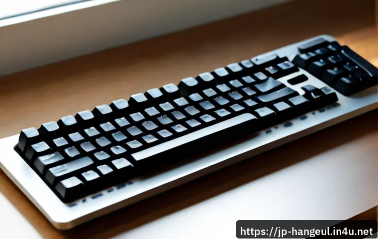 한글과 기호 문자 - Photorealistic close-up of a modern computer keyboard with clean blank keycaps beside a neatly organ...